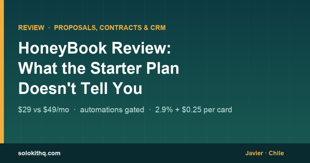 HoneyBook review cover: Starter $29 vs Essentials $49 per month and 2.9% plus $0.25 card fee