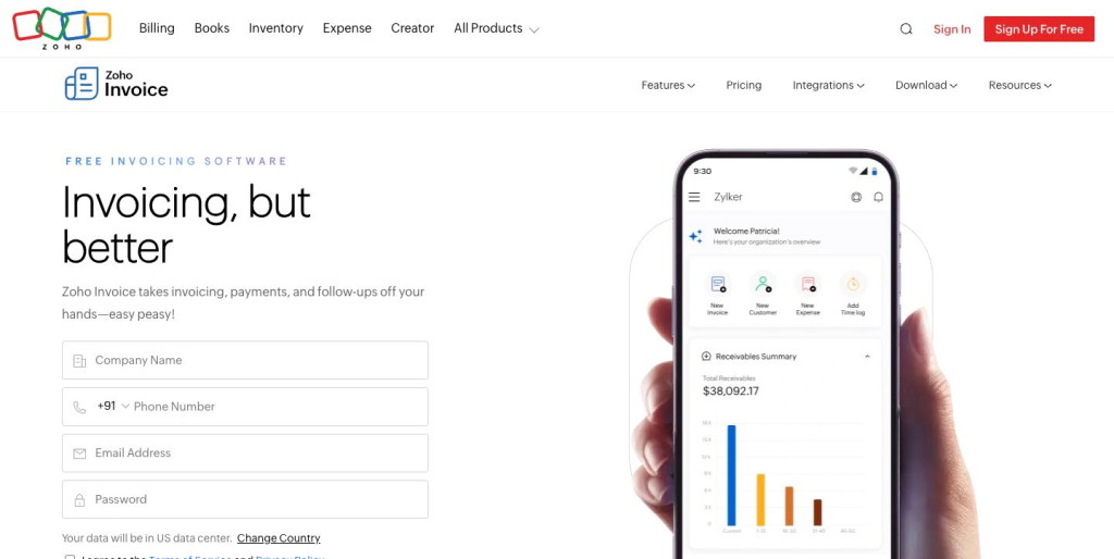 zoho invoice homepage